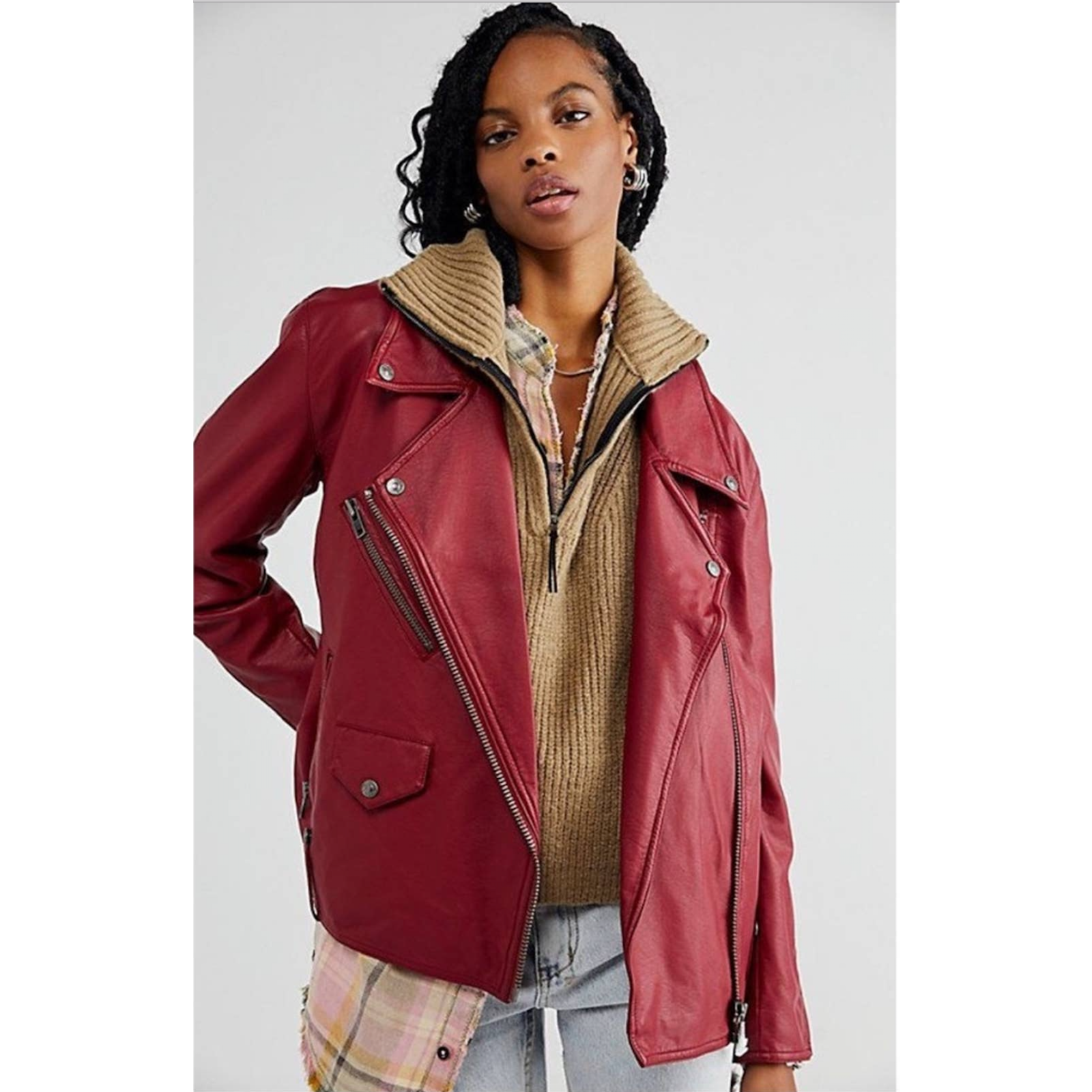 Free People Red Leather Moto Jacket